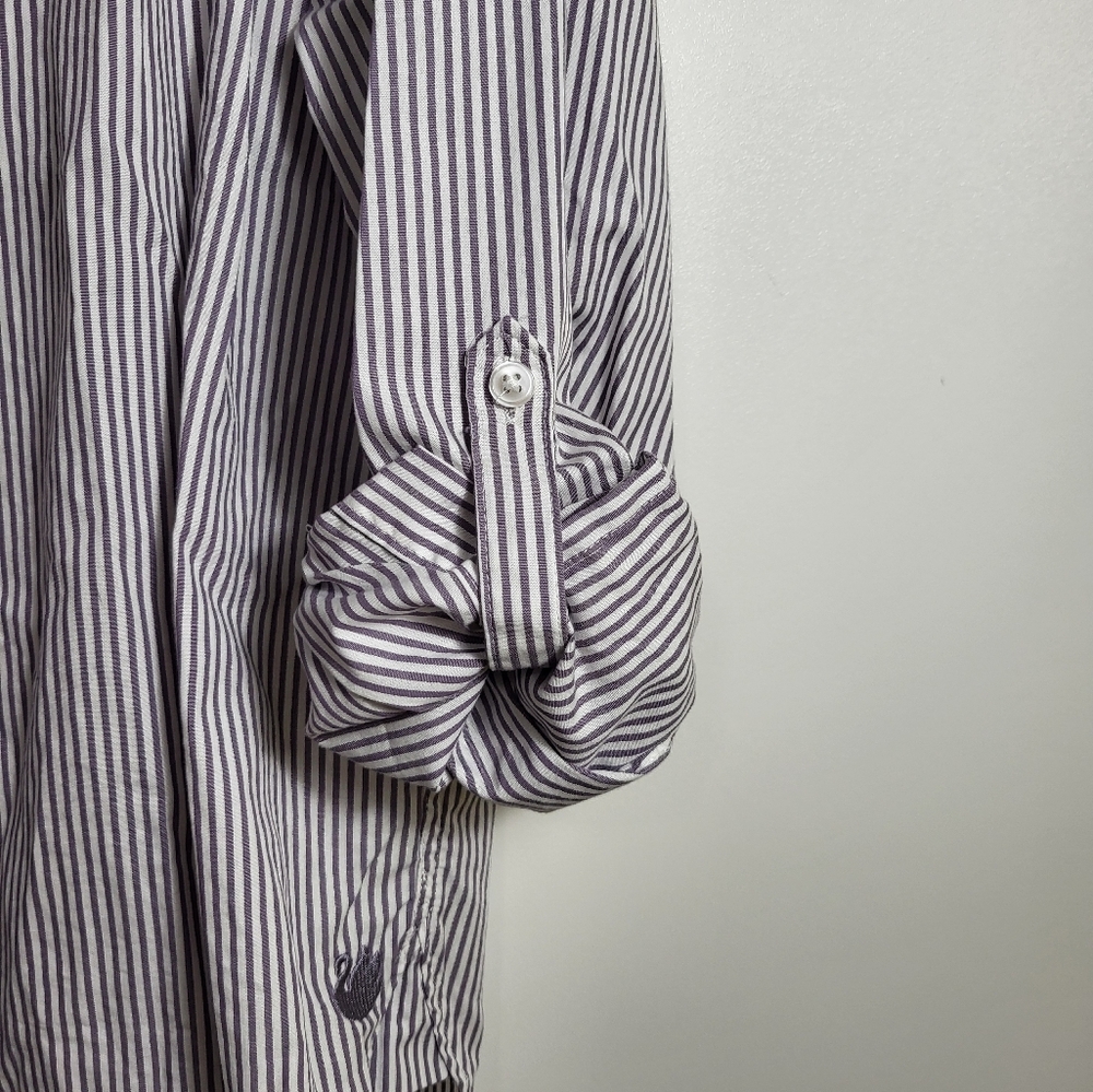 Gloria Vanderbilt gray white stripe button down shirt women's L #2237 - Picture 4 of 8